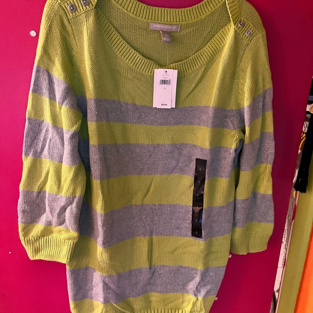 Green and Gray Striped Women's Sweater